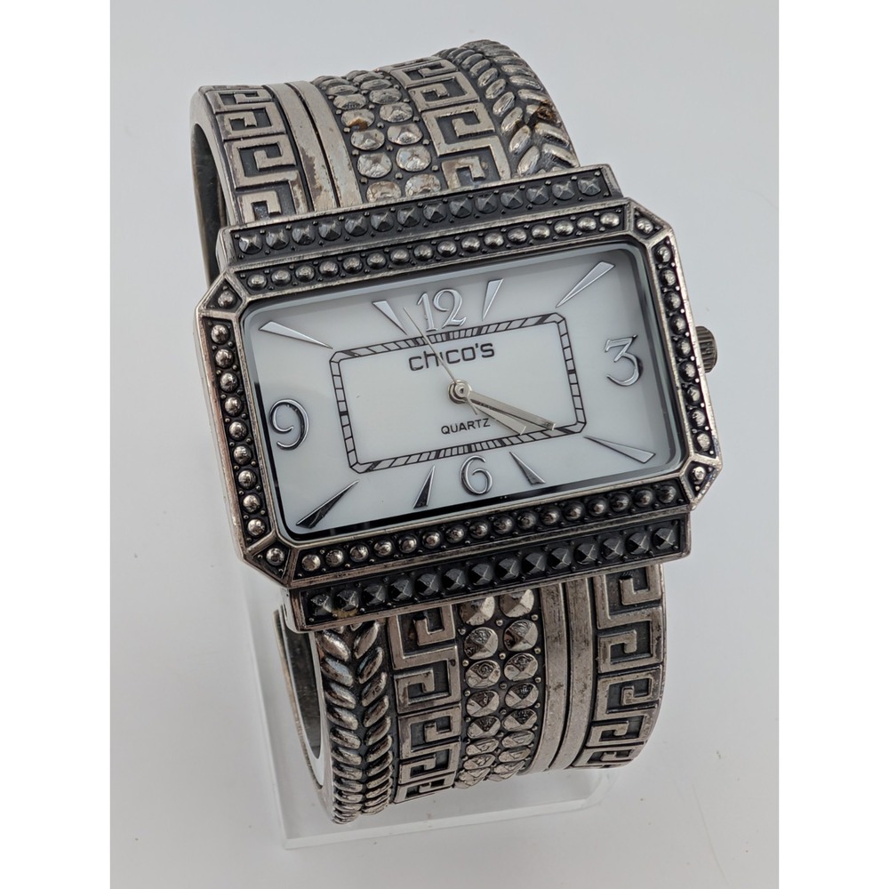 Chico's Watch Womens 40mm Case MOP Dial Silver Textured Bangle Band- New Battery